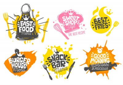 Sticker Schets stijl koken belettering pictogrammen instellen.