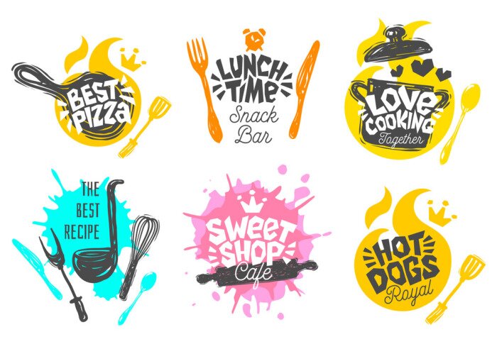 Sticker Schets stijl koken belettering pictogrammen instellen.
