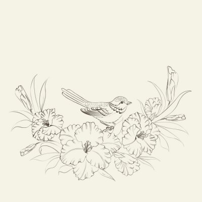 Sticker Schets van een vogel op een tak