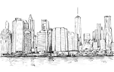 Sticker Schets van stadsgezicht in New York tonen Manhattan midtown met wolkenkrabbers, illustratie vector