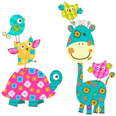 Sticker Schildpad en giraf omgeven door kleurrijke vogels
