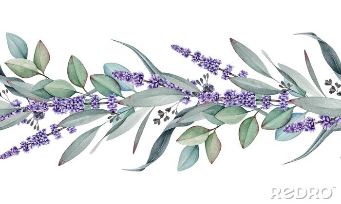 Sticker Seamless border from lavender and eucalyptus watercolor illustration. Natural organic herbs mixed in elegant ornament. Hand drawn eucalyptus branch with lavender flowers in elegant seamless border