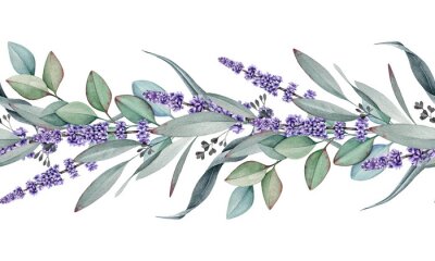 Sticker Seamless border from lavender and eucalyptus watercolor illustration. Natural organic herbs mixed in elegant ornament. Hand drawn eucalyptus branch with lavender flowers in elegant seamless border