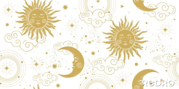 Sticker Seamless celestial pattern with golden sun and crescent moon on white background, vintage boho ornament for astrology and tarot. Modern vector hand drawing illustration.
