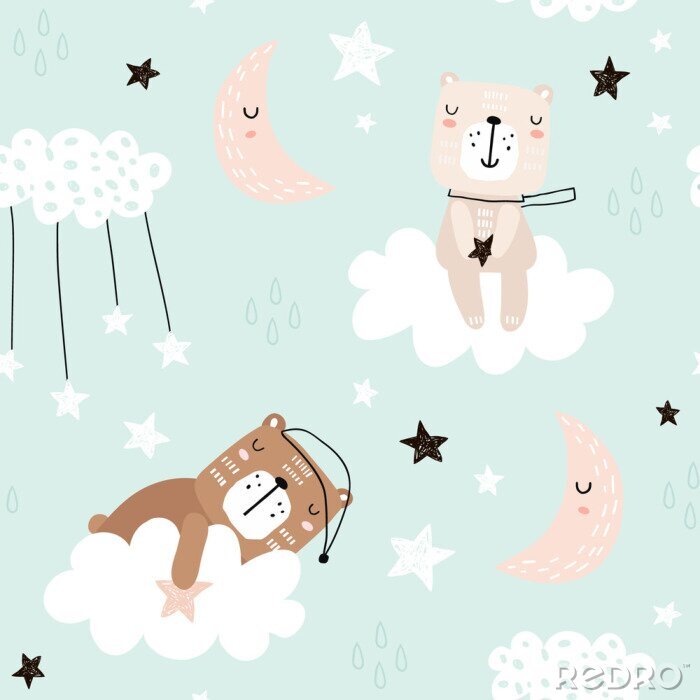 Sticker Seamless childish pattern with cute bears on clouds, moon, stars. Creative scandinavian style kids texture for fabric, wrapping, textile, wallpaper, apparel. Vector illustration