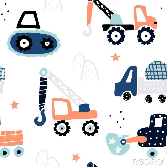 Sticker Seamless childish pattern with hand drawn building cars. Creative kids texture for fabric, wrapping, textile, wallpaper, apparel. Vector illustration