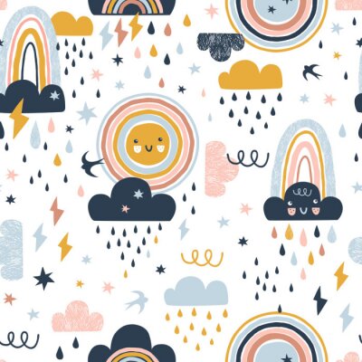 Behang Seamless cute pattern with hand drawn rainbows, rain drops, clouds sun and martlets. Creative scandinavian childish background for fabric, wrapping, textile, wallpaper, apparel. Vector illustration