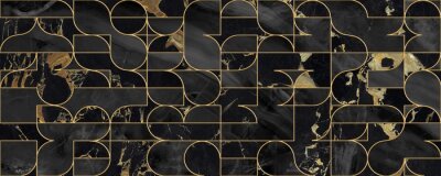 Sticker Seamless pattern design with golden geometric lines, black marble surface, modern luxurious background