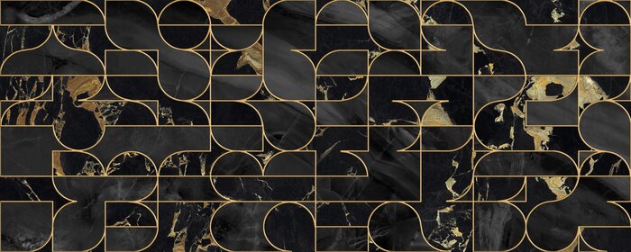 Sticker Seamless pattern design with golden geometric lines, black marble surface, modern luxurious background