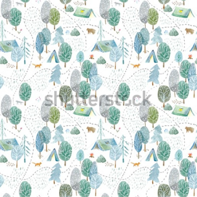 Sticker Seamless pattern of a camping,road,fox,wolf,bear in the woods.Tent, trees, bonfire, plants and floral.Landscape tourism.Watercolor hand drawn illustration.White background.