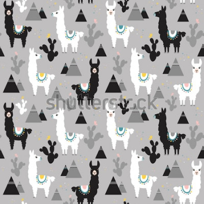 Sticker Seamless pattern of llama, cactus and mountains. Great for fabric, textile. Vector background.