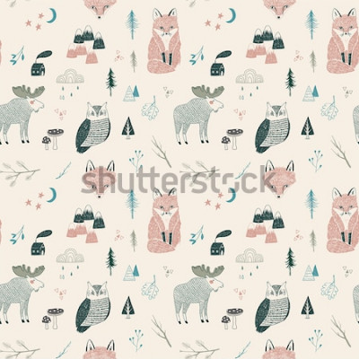 Sticker seamless pattern of woodland animals, trees, mountains  