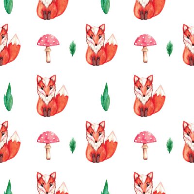 Sticker Seamless pattern Watercolor illustration of red Fox on white isolated background Hand painted animal