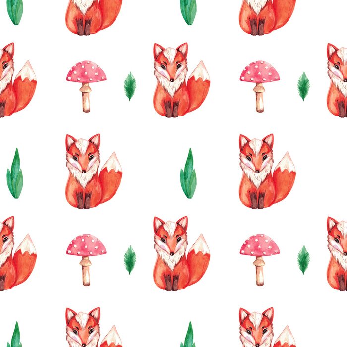 Sticker Seamless pattern Watercolor illustration of red Fox on white isolated background Hand painted animal