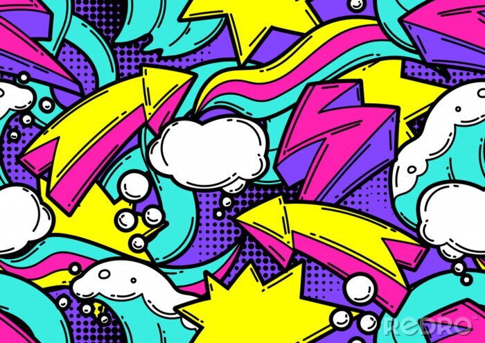 Sticker Seamless pattern with cartoon decorative elements. Urban colorful teenage creative background.