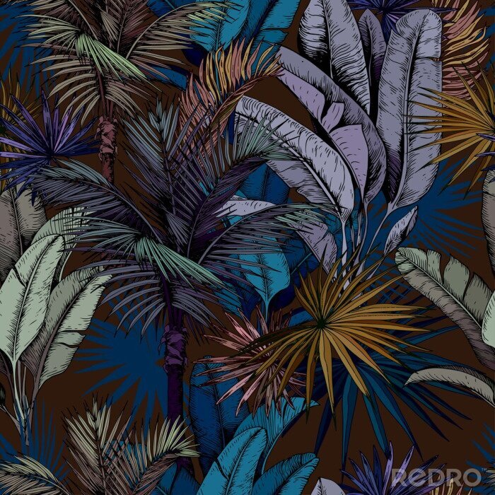 Sticker Seamless pattern with colorful tropical leaves on dark blue background. Hand drawn vector illustration.