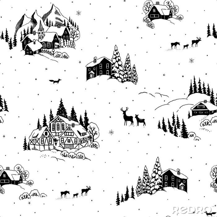 Sticker Seamless pattern with drawing winter landscape, houses, chalets and animals. Vector Christmas illustration in vintage style.