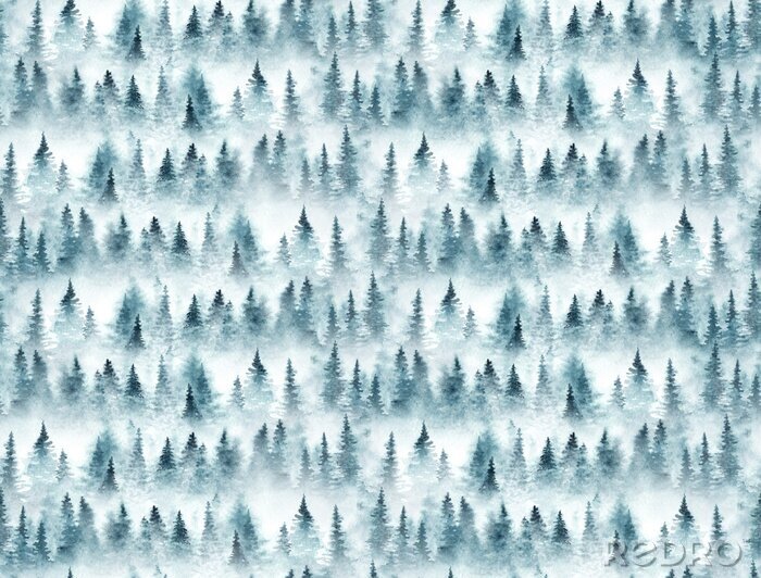 Sticker Seamless pattern with foggy spruce forest. Fir trees isolated on white background.