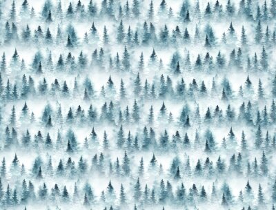 Sticker Seamless pattern with foggy spruce forest. Fir trees isolated on white background.