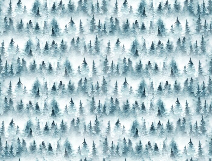 Sticker Seamless pattern with foggy spruce forest. Fir trees isolated on white background.