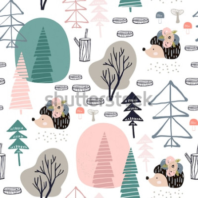 Sticker Seamless pattern with hedgehog, forest elements. Creative woodland height detailed background. Perfect for kids apparel,fabric, textile, nursery decoration,wrapping paper.Vector Illustration