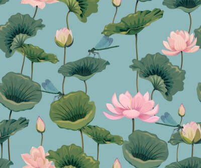 Behang Seamless pattern with lotuses and dragonflies