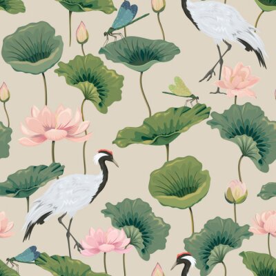 Sticker seamless pattern with lotuses and Japanese cranes