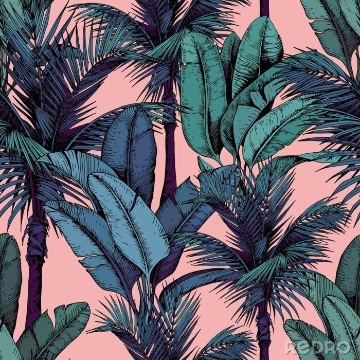 Sticker Seamless pattern with tropical palm and banana leaves on pink background. Hand drawn vector illustration.