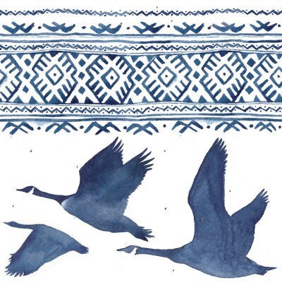 Seamless pattern with watercolor realistic a flock of geese silhouette and national ornament in blue colors