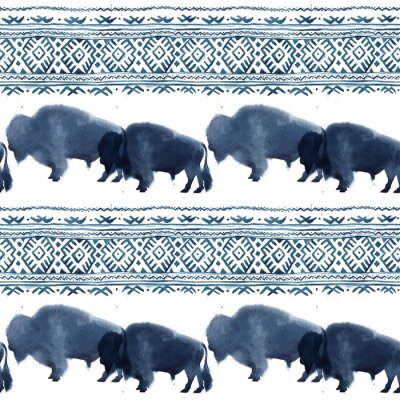 Seamless pattern with watercolor realistic bison silhouette and national ornament in blue colors on white background