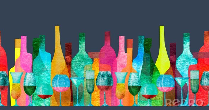 Sticker Seamless ribbon border with stylized silhouettes of colored bottles of alcohol and glasses. Watercolor.