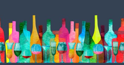 Sticker Seamless ribbon border with stylized silhouettes of colored bottles of alcohol and glasses. Watercolor.