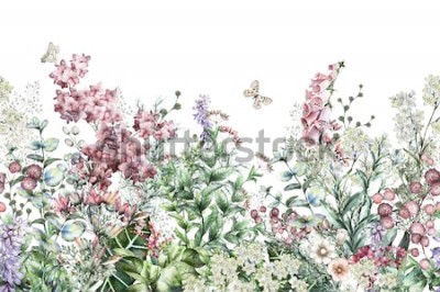 Sticker seamless rim. Border with Herbs and wild flowers, leaves. Botanical Illustration Colorful illustration on white background. Spring composition with butterfly