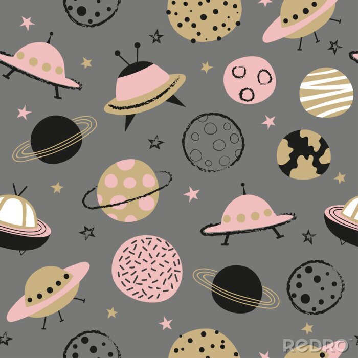 Sticker Seamless space pattern for kids. Vector background with cartoon planets and UFO.