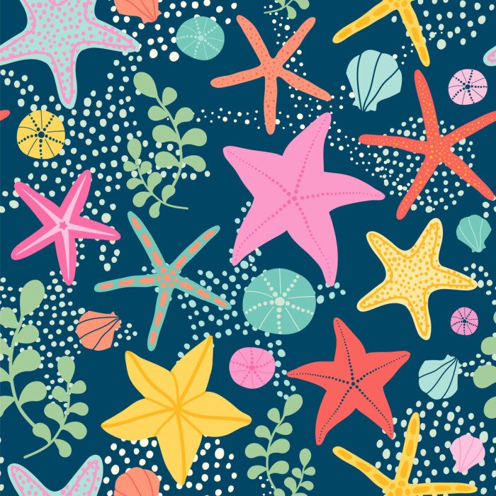 Sticker Seamless vector pattern with starfish on the dark background. 