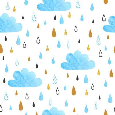 Seamless vector pattern with watercolor clouds and rain drops.