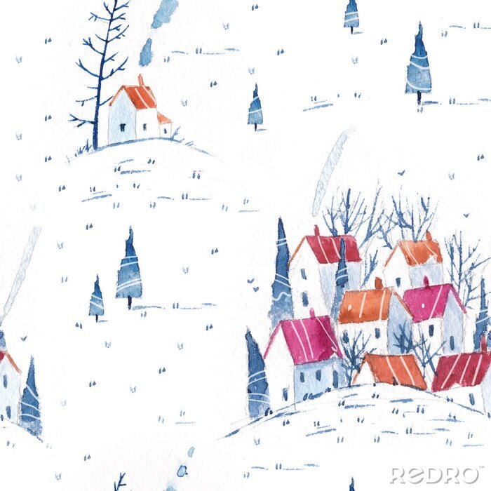 Sticker Seamless watercolor pattern with a small town, farms, houses, hills.