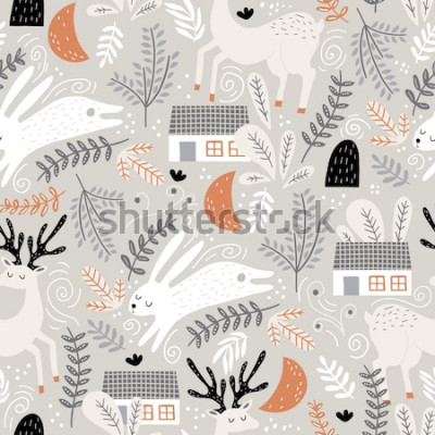 Sticker Seamless woodland pattern with deer, bunny and forest house. Creative kids for fabric, wrapping, textile, wallpaper, apparel. Vector illustration