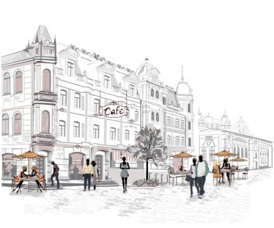 Serie van uitzicht op de straat met mensen in de oude stad