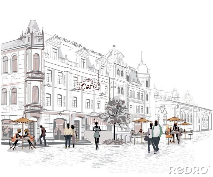 Sticker Serie van uitzicht op de straat met mensen in de oude stad