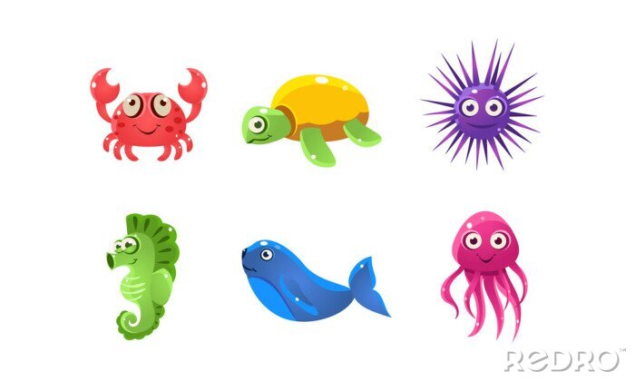 Sticker Set cartoon zeedieren met grappige gezichten. Zeedieren. Platte vector voor mobiel spel van kinderboek
