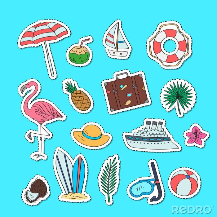 Sticker Set hand getrokken gekleurde strand objecten stickers. Vector zomer doodle elementen doodle illustratie