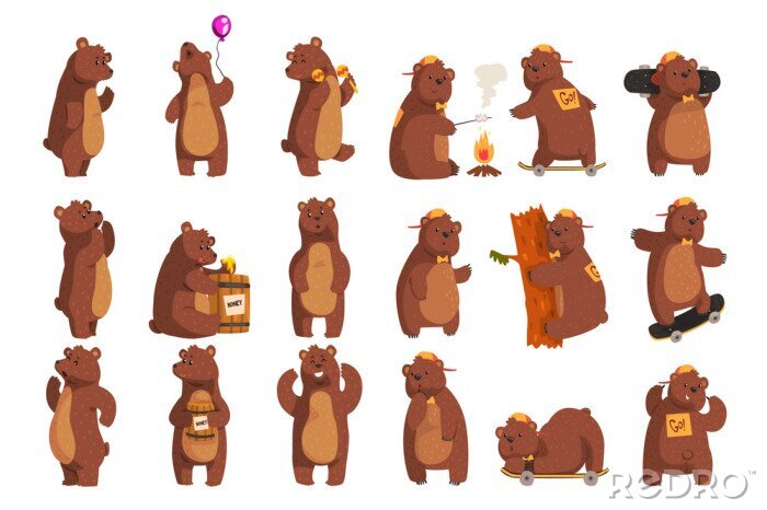 Sticker Set met grappige beer. Bosdieren zwaaien door poot, houden ballon, dansen, huilen, iemand bellen, het eten van honing uit houten vat, glimlachend. Platte vector ontwerp