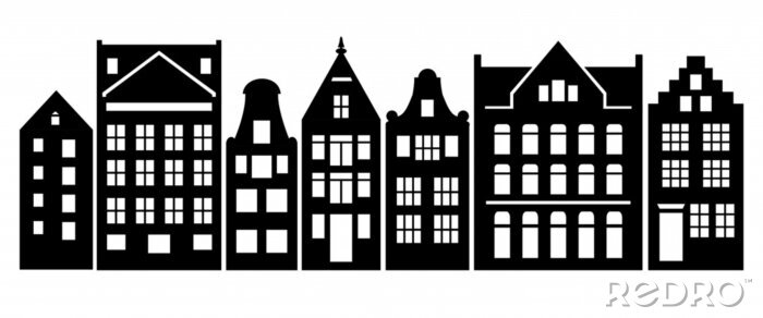 Sticker Set of Amsterdam style houses. Laser cut silhouette. Stylized facades of dutch buildings in old European fashion. Wood carving vector template. Urban landscape in black and white. Paper cut, die cut.