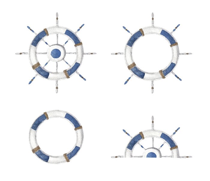 Sticker Set of Boat steering wheel from wood. isolated on white background. Watercolor illustration.