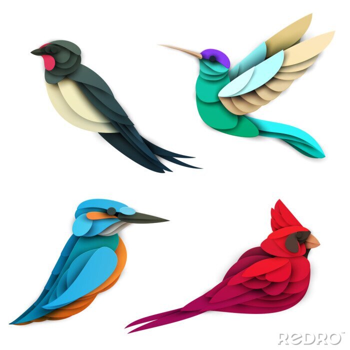 Sticker Set of cartoon colorful birds in trendy paper cut craft graphic style. Swallow, hummingbird, red cardinal, king fisher. Modern design for advertising cover, poster, banner. Vector illustration