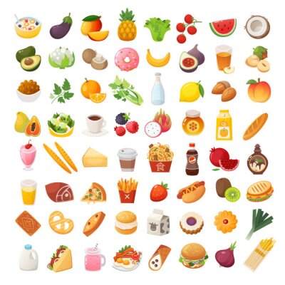 Sticker Set of colorful food icons. Bakery, dairy food, fruit and vegetables. Desserts fast food and pasta images. Isolated vector cartoon icons on white background.