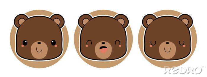 Sticker Set of cute brown bear cartoon characters. Kawaii style vector illustration.	