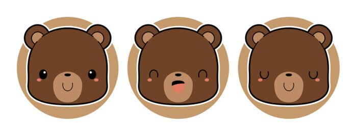 Sticker Set of cute brown bear cartoon characters. Kawaii style vector illustration.	