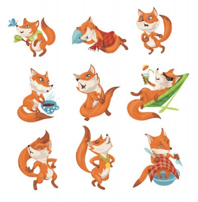 Sticker Set of cute colorful fox character in different actions